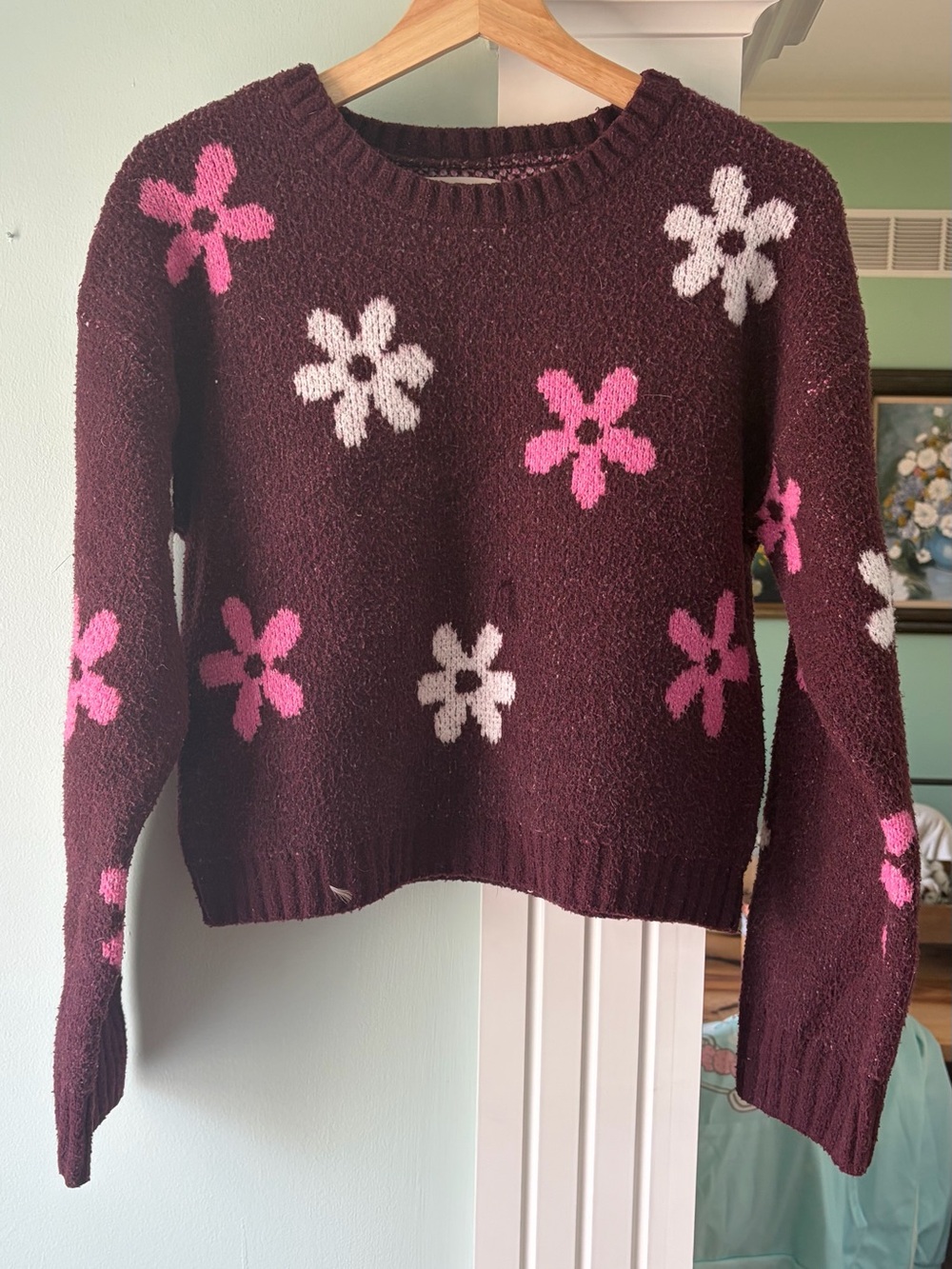 SO Burgundy Crewneck Sweater with Pink & White Floral Pattern
